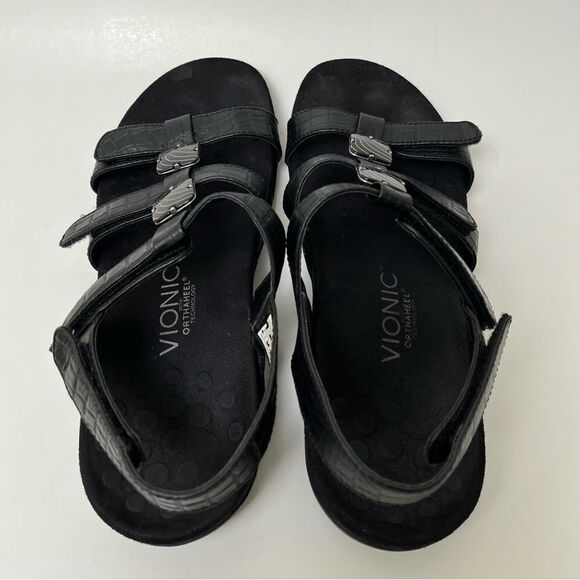 Vionic Amber Strappy Slide Sandals Croc Embossed Black Adjustable Straps Size 9 - Picture 6 of 9